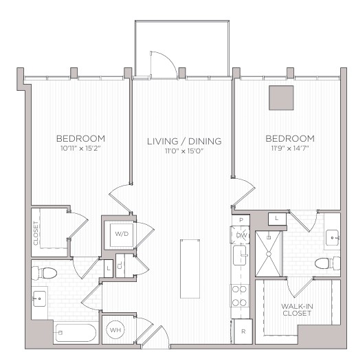 Floor plan for 2 beds, 2 baths, 1070 sqft